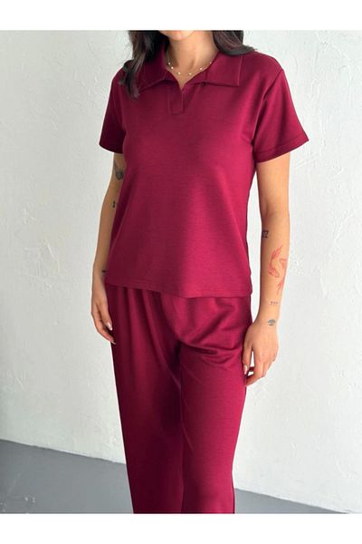 modaserdem Osy Modal Soft Textured Fabric Short Sleeve Collared T-Shirt Pantalon Double Set - Claret Red