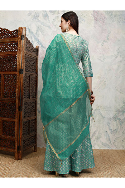 Vishudh By Styli Blue Printed Keyhole Neck Sharara