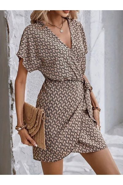 Simala Women's Short Bat Sleeve Front Double Breasted Collar Detailed Front Tie Patterned Single Jersey Dress