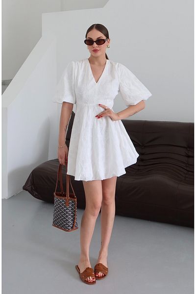 Laluvia Rochie albă cu broderie florală 100% bumbac - 203113