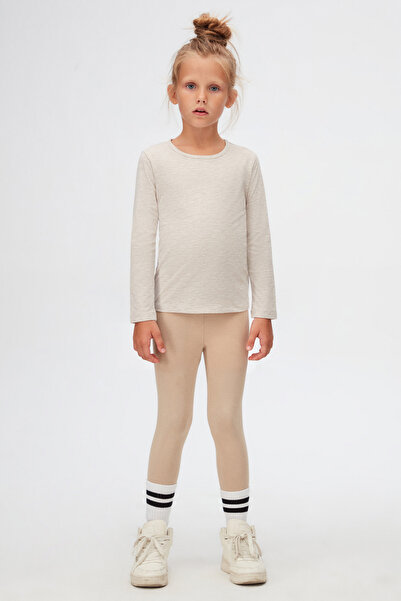 LOVETTI Koyu Bej Melanj Basic Mevsimlik Likralı Uzun Kollu Kız Çocuk Tişört