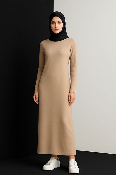 mirach Μπεζ μακρυμάνικο φόρεμα Maxi με ραβδώσεις - Crew Neck, Basic Knitwear Abaya Ferace