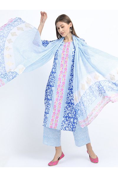 Vishudh By Styli Women Blue Printed Kurta Set with Dupatta