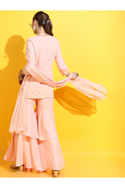 Vishudh By Styli Peach Mirror Work Kurta Set with Sharara & Dupatta