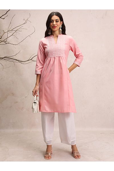 Vishudh By Styli Ethnic Motifs Yoke Design Thread Work Mandarin Collar Straight Kurta