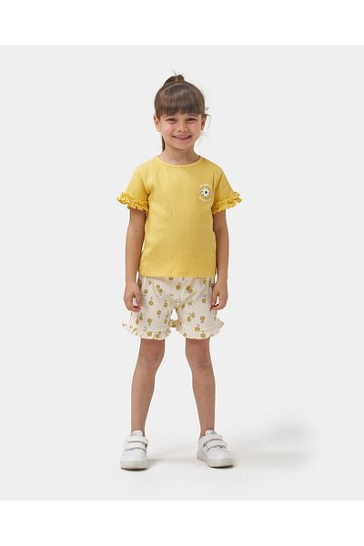 Minipodyum Girl's Ruffle Detailed T-Shirt Shorts Knitted Muslin Summer Double Set