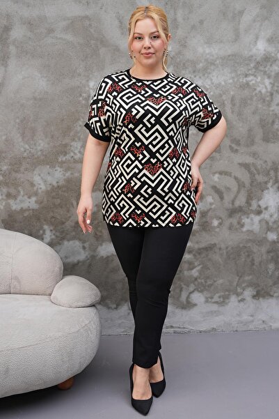 Siyezen Large Size Oversize Patterned Bat Sleeve Blouse