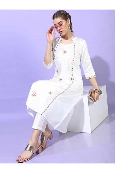 Vishudh By Styli Women White Embroidered Kurta Set with Trousers
