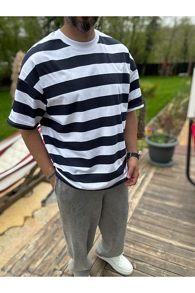 BYBASICMAN Navy Blue Horizontal Stripe T-Shirt Jj-66