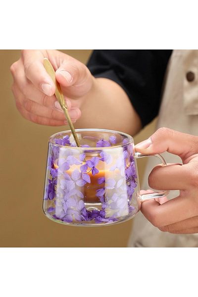 ECARLA Dried Flower Mug, Double Walled, Borosilicate Glass, Thermal Insulation, Hydrangea, 180 ml