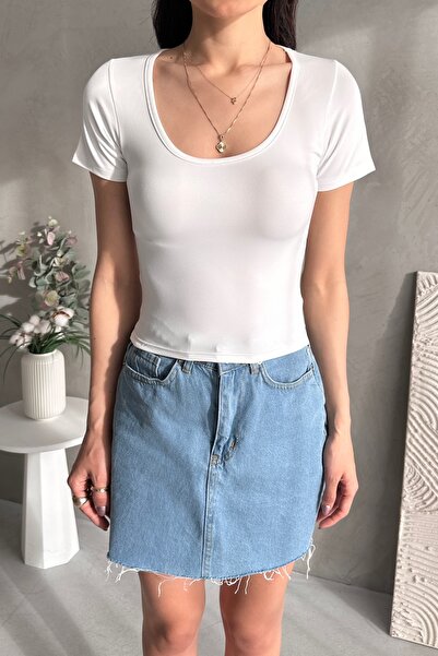 EYLANA Oval Collar Half Sleeve Bluz