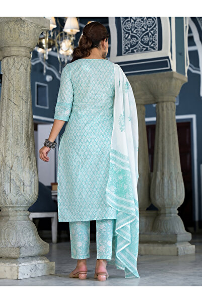 Vishudh By Styli Women Blue Floral Printed Cotton Kurta Set