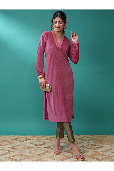 Vishudh By Styli Women Pink V Neck Long Sleeves Gotta Patti Kurta