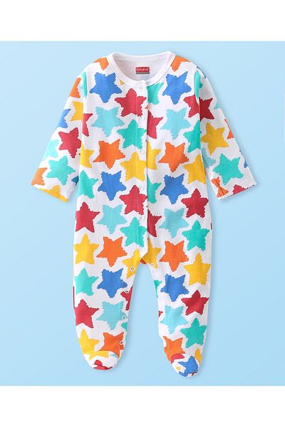 Babyhug Babyhug Full Sleeves Footed Sleep Suit with Star Print - Multicolor