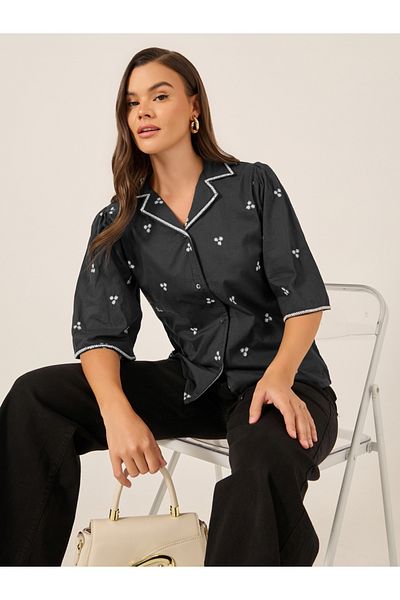 Styli Embroidered Notch Lapel Buttoned Top with Flared Sleeves