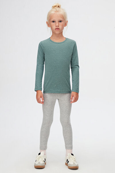 LOVETTI Koyu Yeşil Melanj Basic Mevsimlik Likralı Uzun Kollu Kız Çocuk Tişört