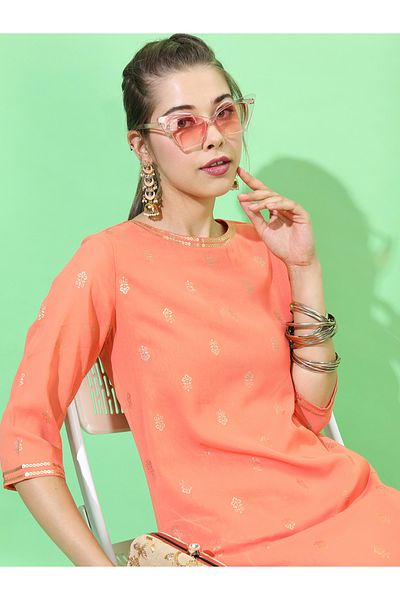 Vishudh By Styli Women Orange Geometric Embroidered Thread Work Georgette Kurta