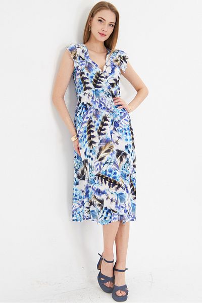 armonika Rochie de damă, albastră, cu guler dublu, cu volane, cu talie elastică, lungime midi ARM-24Y 001020