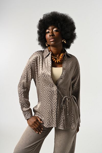 Orfeo Negro Women's Gemometric Patterned Belt Detail Gray Color Shirt