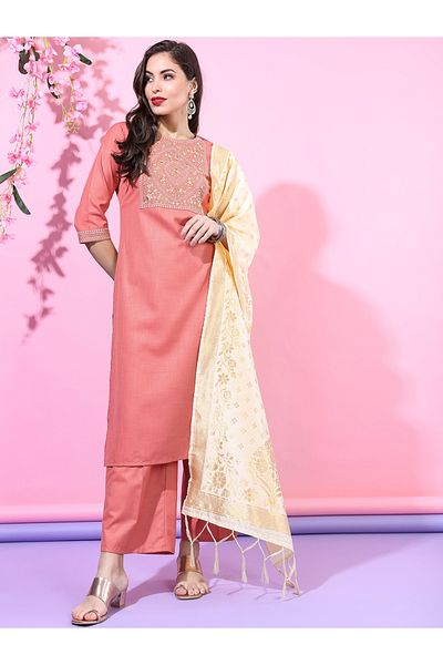 Vishudh By Styli Pink Embroidered Kurta Set with Dupatta