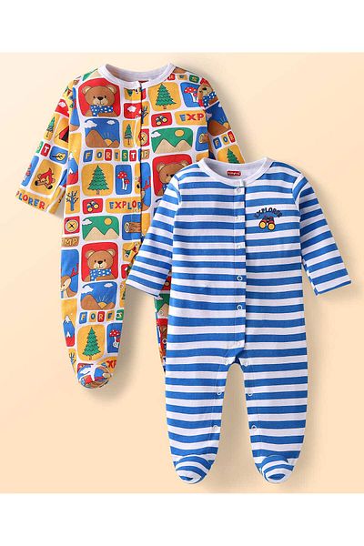 Babyhug طقم ملابس نوم من القطن المحبوك بأكمام طويلة من Babyhug، مخطط ومطبوع بطبعة الدب، مكون من قطعتين - متعدد الألوان