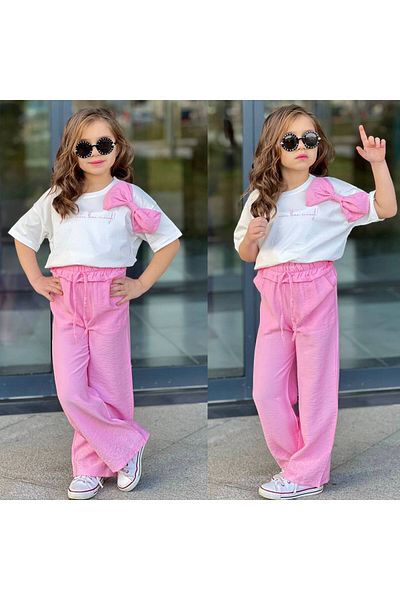 tunays shopping Bow Detailed Girl's Linen Bottom Top Set