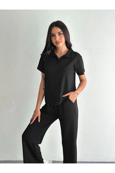 modaserdem Osy Modal Soft Textured Fabric Short Sleeve Collared T-Shirt Pantalon Double Set - Black