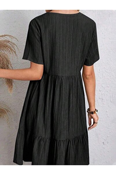 JANES Жіноча сукня з коротким рукавом та V-подібним вирізом з рюшами з мішковини