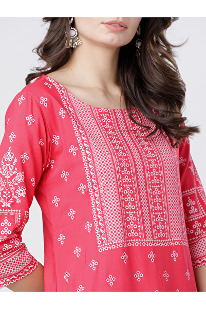 Vishudh By Styli Women Pink & White Ethnic Motifs Printed Straight Kurta