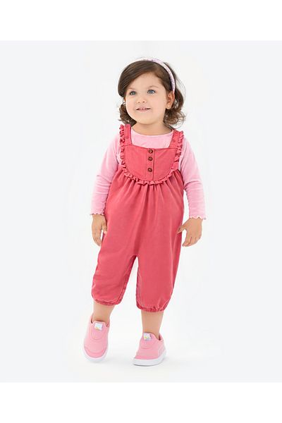 Bonfino Bonfino Dungaree with Full Sleeves T-Shirt and Frill Detailing - Dark Pink
