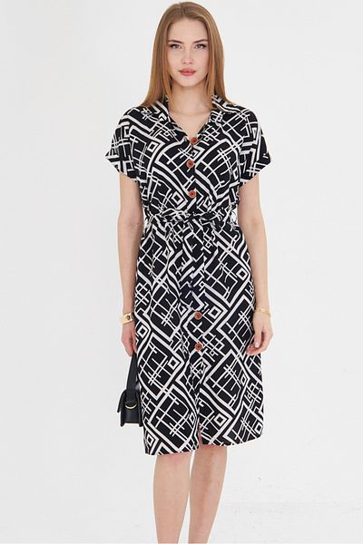 armonika Women's White-Black Patterned Short Sleeve Shirt Dress with Belted Waist Arm-22Y 001007