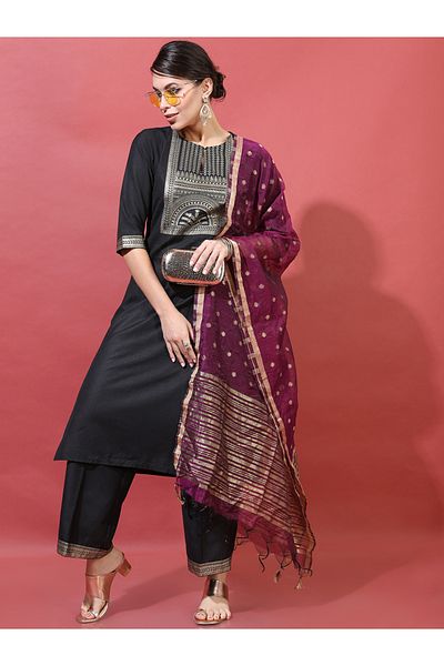 Vishudh By Styli Women Black Printed Kurta with Trousers & Dupatta