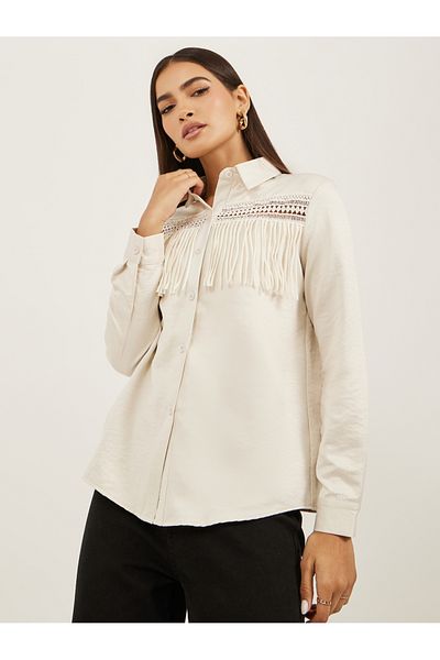 Styli Solid Lace Insert Regular Fit Shirt with Fringe Detail
