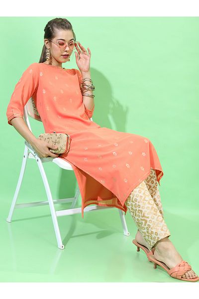 Vishudh By Styli Women Orange Geometric Embroidered Thread Work Georgette Kurta