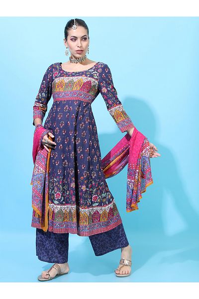 Vishudh By Styli Women Navy Blue Cotton Kurta Set with Palazzos and Dupatta