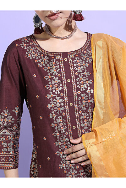 Vishudh By Styli Burgundy Printed Viscose Rayon Kurta Set with Dupatta