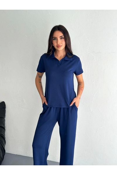 modaserdem Modal Soft Textured Fabric Short Sleeve Collared T-Shirt Pantalon Double Set - Navy Blue