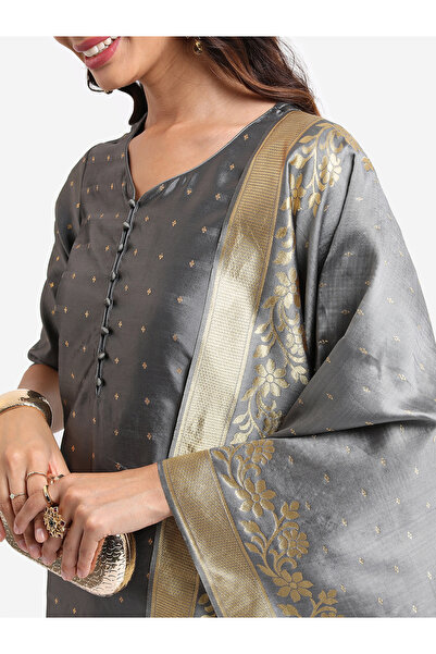 Vishudh By Styli Women Grey Printed Kurta Set with Dupatta