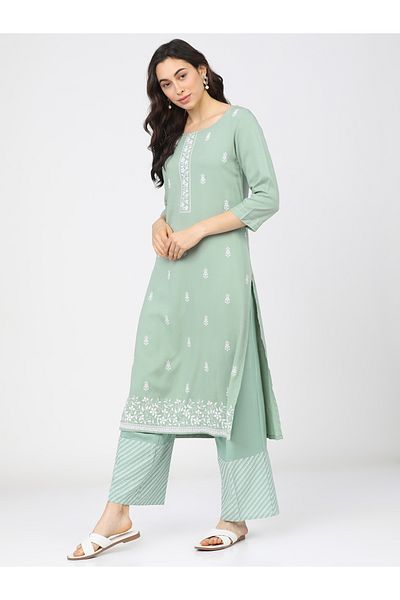 Vishudh By Styli Women Green & White Ethnic Motifs Printed Kurta