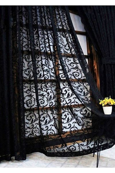 Art Perde 2 Wings Colorful Black Ivy Pattern Laced Tulle Background Curtain 2 Wings