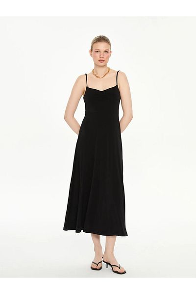 LC Waikiki Lcw Vision Black Heart Neck Gather Detailed Dress