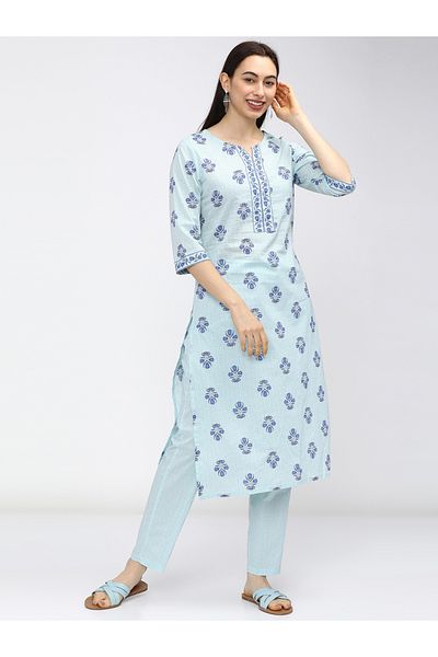 Vishudh By Styli Women Blue Printed Cotton Kurta Set
