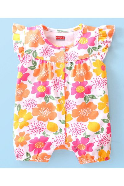 Babyhug Babyhug 100% Cotton Knit Frill Sleeves Floral & Lemon Printed Romper - Multicolour