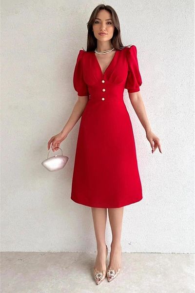 Deafox Red Balloon Sleeve Front Button Detail Crepe Fabric Midi Dress