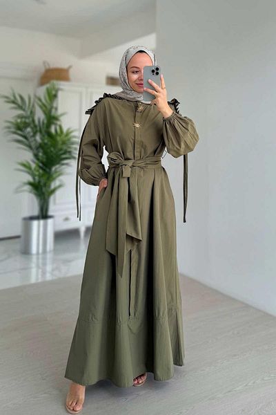 Ka Hijab Long Belted Wrap Khaki Dress