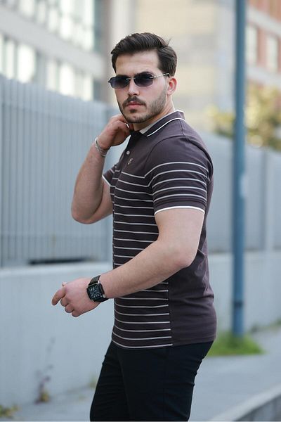 Miron Καφέ ριγέ μπλουζάκι με κοντό μανίκι πόλο-2515