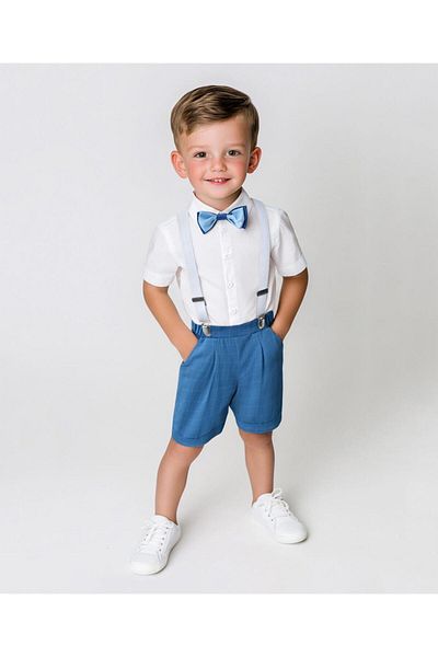 Mark & Mia Mark & Mia Party Suit With Bow & Striped Suspender - White & Blue