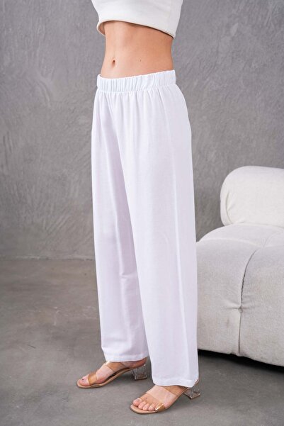 MVStore Women's Elastic Waist Wide Leg Comfortable Fit Linen Trousers