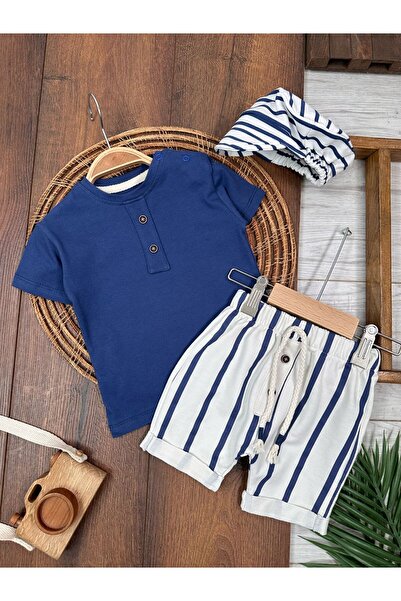 Bolly Baby Erkek Bebek Takım Yaz Kombini Çizgili Şort ve Şapkalı Düz Tişört O...