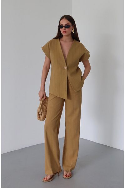 Laluvia Mustard 100% Cotton Sun Button Vest Trousers Set - 8647